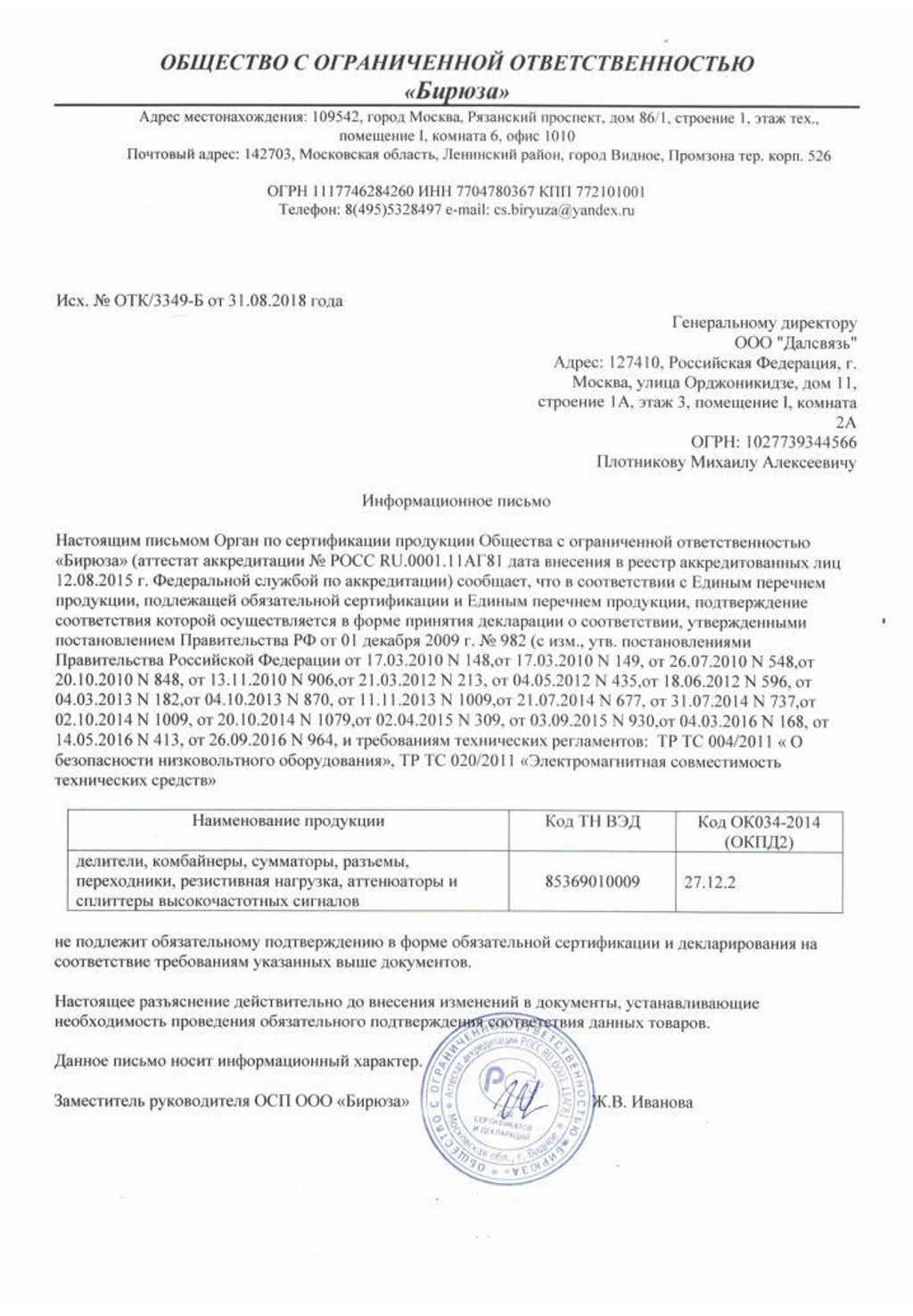 Отказное письмо на делители, комбайнеры, разъемы