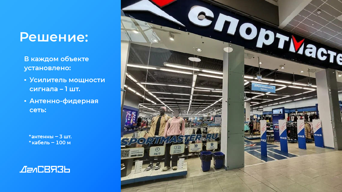 Решение построено на базе вседиапазонного репитера с подключением внутренней антенно-фидерной сети